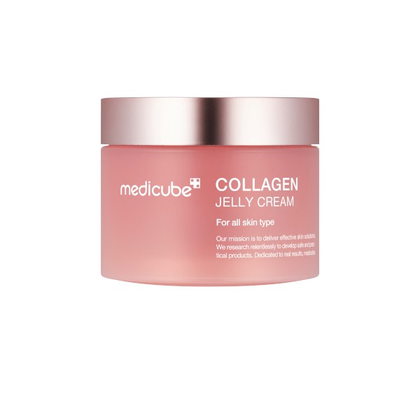 Medicube Collagen Jelly Cream – translucent gel-cream texture in elegant skincare jar