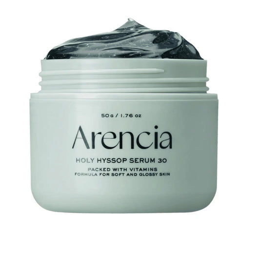 Serum Arencia Holy Hyssop Serum 30 en botella de cristal sobre fondo claro.
