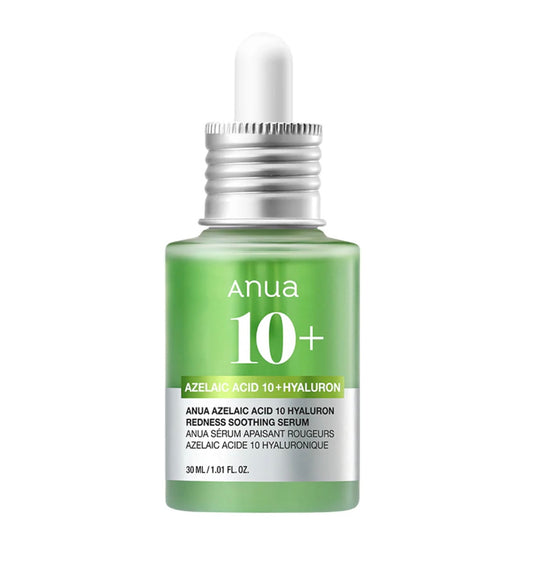 Botella del sérum Anua Azelaic Acid 10 Hyaluron Redness Soothing Serum sobre fondo blanco – sérum calmante coreano para piel con enrojecimiento y tendencia al acné